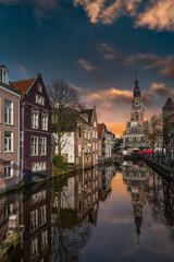 Panoramic view of a canal with facades of old buildings and drawbridges in the center of Alkmaar. netherlands holland