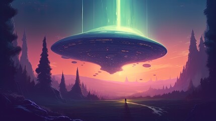 Fototapeta na wymiar Alien spaceship hovering over a fantasy landscape Fantasy concept , Illustration painting. Generative AI