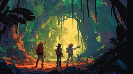 An adventure scene of a group of explorers discovering a lost temple in the jungle. Fantasy concept , Illustration painting. Generative AI
