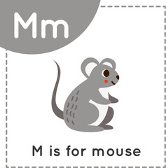 Animal alphabet flashcard for children. Learning letter M. M is for mouse.