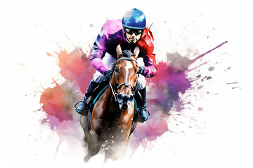 Abstract Watercolor Illustration of Racing Horse and Jockey in Equestrian Sport, generative Ai