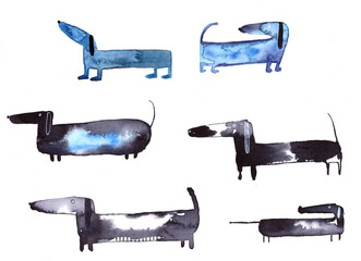Fototapeta premium artistic watercolor of funny little dogs. Dachshund with long ears in different positions. Dog sitting, crouching, standing, long, black. Children's ink illustration of dachshunds on a white backgroun