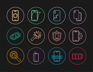 Set line Battery, Phone repair service, Mobile with broken screen, Hammer, shield, and Glass protector icon. Vector