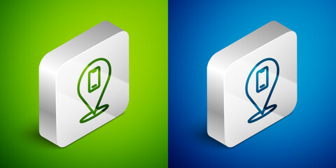 Isometric line Phone repair service icon isolated on green and blue background. Adjusting, service, setting, maintenance, repair, fixing. Silver square button. Vector