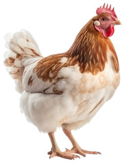 Neat, cute chicken with delicate plumage. The chicken is standing still. Isolated on transparent background. KI.