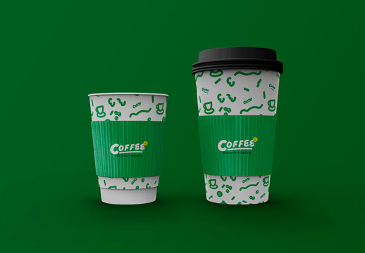 3d Two Paper Coffee Cups with and without Lid Mockup