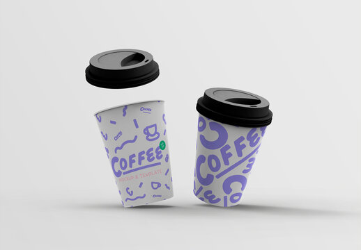 3d Two Flying Paper Coffee Cups Mockup