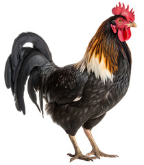 Proud, noble rooster with dark plumage. The farm rooster stands calmly and looks away. Isolated on transparent background. KI.
