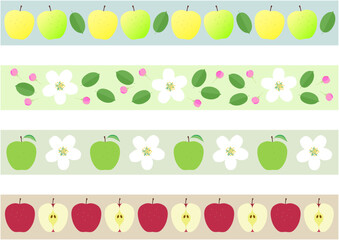 Set of decorative border with apple fruits and blossoms