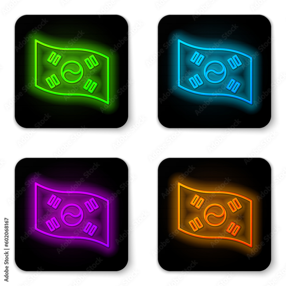 Poster glowing neon line south korea flag icon isolated on white background. black square button. vector