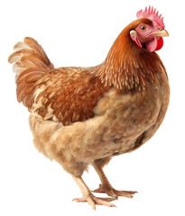 A regular, farm chicken of brown color. Isolated on transparent background. KI.