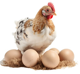 A caring chicken sitting on a nest with eggs. The chicken has soft and fluffy feathers. A symbol of abundance and vitality. Isolated on transparent background. KI. - obrazy, fototapety, plakaty