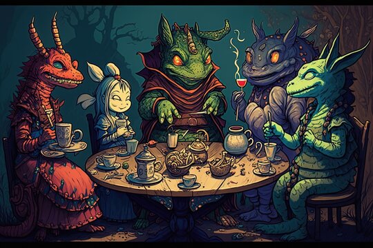 Fairy tale creatures having a tea party. Fantasy concept , Illustration painting. Generative AI