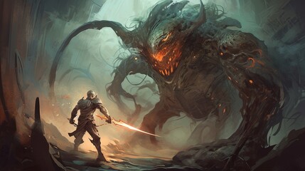 Cyborg warrior battling a monster. Fantasy concept , Illustration painting. Generative AI