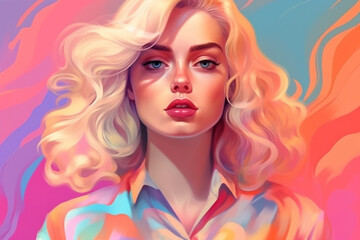 Obraz premium illustration fashion portrait of a blonde model o colorful vibrant pastel background posing on camera, Generative Ai