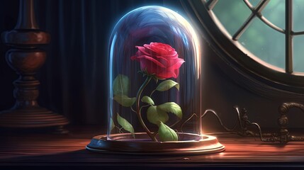 Enchanted rose in a glass case. Fantasy concept , Illustration painting. Generative AI