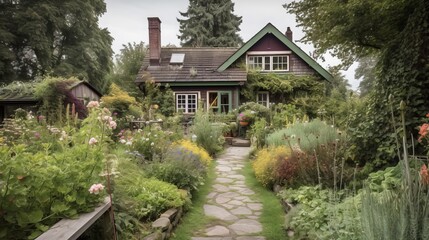 Fototapeta na wymiar A cozy cottage surrounded by a beautiful sprawling garden.