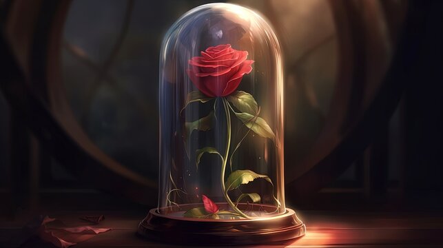 Enchanted rose in a glass case. Fantasy concept , Illustration painting. Generative AI