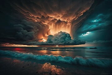 Ethereal Bioluminescent Storm Clouds over a Violent Sea. Glorious Generative AI. - obrazy, fototapety, plakaty