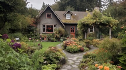Fototapeta na wymiar A cozy cottage surrounded by a beautiful sprawling garden.