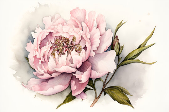 Watercolor realistic picture of a pink peony flower. Floral vintage arrangement. Botanical illustration for greeting cards, bouquets, wreaths, wedding invitations and summer backgrounds, anniversary.