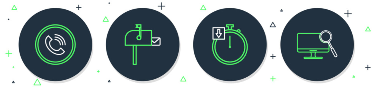 Set Line Open Mail Box, Stopwatch, Phone Call And Computer Monitor Diagnostics Icon. Vector