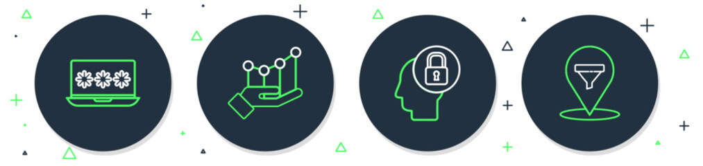 Set line Pie chart infographic, Human head with lock, Laptop password and Location sales funnel icon. Vector