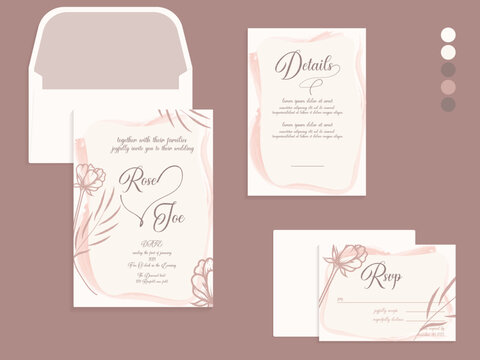 ROSE GOLD wedding invitations template with details and RSVP design. Mock up of wedding envelope vector design. simple and elegance wedding invitations template