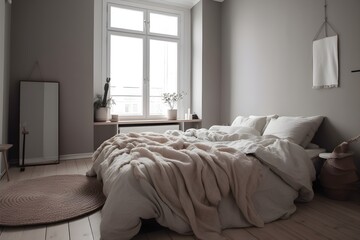 Fototapeta na wymiar Cozy Bed and Folded Blanket in Bedroom.