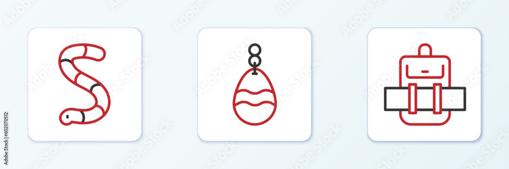 Sticker set line hiking backpack, worm and fishing spoon icon. vector