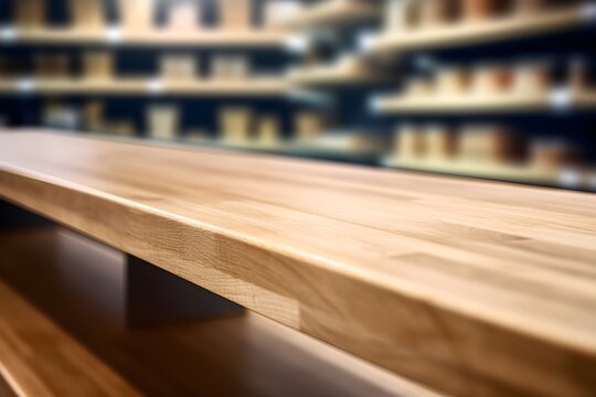 "Empty Wood Table Shelf in Supermarket"