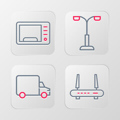 Set line Router and wi-fi signal, Delivery cargo truck, Street light and Microwave oven icon. Vector