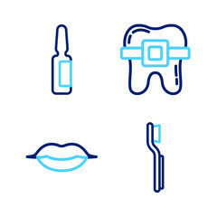 Set line Toothbrush, Smiling lips, Teeth with braces and Painkiller tablet icon. Vector