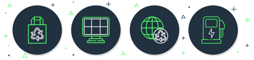 Set line Solar energy panel, Planet earth and recycling, Paper bag with recycle and Electric car charging station icon. Vector