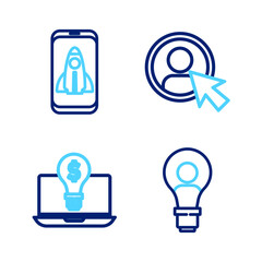 Set line Head with lamp bulb, Light dollar on laptop, Create account screen and Startup project concept icon. Vector