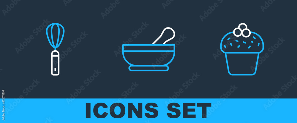 Canvas Prints Set line Cake, Kitchen whisk and Mortar and pestle icon. Vector