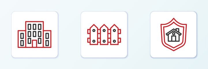 Set line House with shield, and Garden fence wooden icon. Vector
