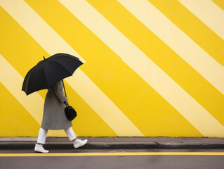 Woman walking with an umbrella in front of yellow striped wall with copy space