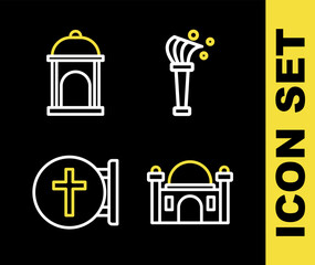 Set line Aspergillum, Muslim Mosque, Christian cross and icon. Vector