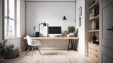 Clean and minimalist workspace with a computer. Home Office.