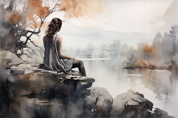 woman watercolor painting with muted tones and soft edges, conveying a sense of tranquility and calm - Generative AI