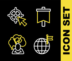Set line Flag, Planet with flag, Man holding and Target icon. Vector