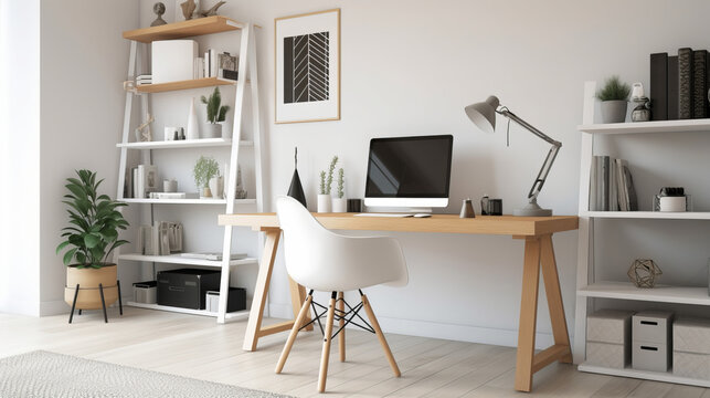 Clean and minimalist workspace with a computer. Home Office.