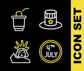 Set line Patriotic American top hat, Calendar with date July 4, Statue of Liberty and Beer pong game icon. Vector