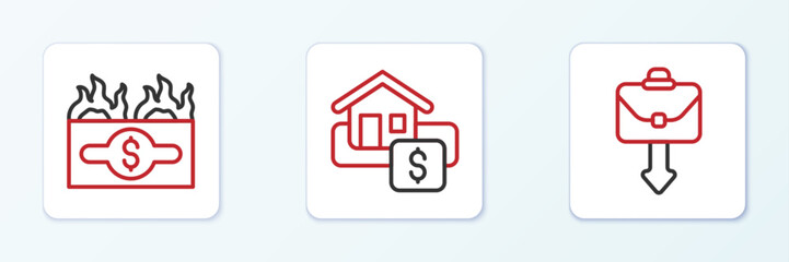 Set line Briefcase, Burning dollar bill and Hanging sign with Sale icon. Vector