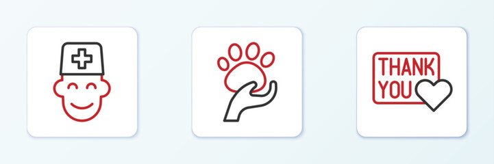Set line Thank you with heart, Male doctor and Animal volunteer icon. Vector