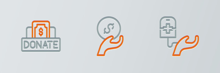 Set line Blood donation, Donation and charity and icon. Vector