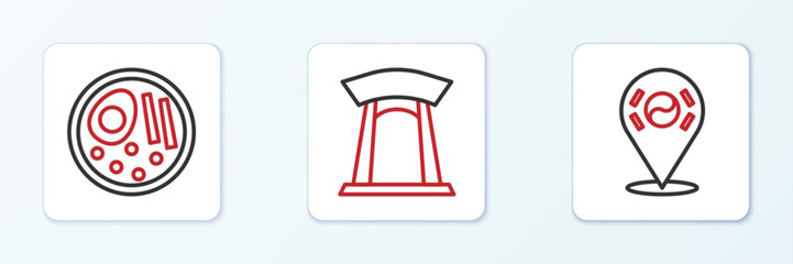 Set line Location South Korea, Ramen and Korean gate icon. Vector