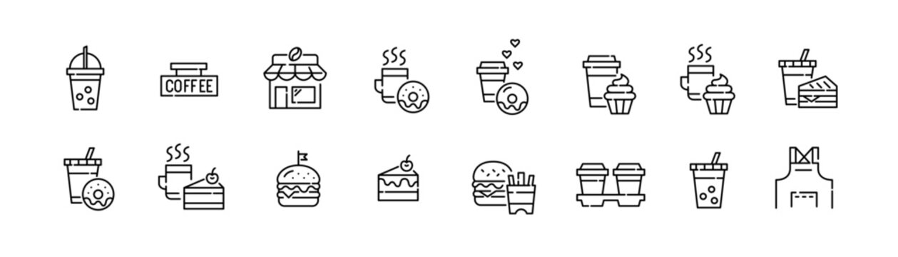 Coffee shop. To go drinks, desserts and snacks. Sandwiches, burgers, fries and donuts. Pixel perfect, editable stroke icons