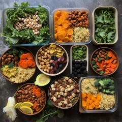 Colorful vegan meal in boxes, fresh from the garden 